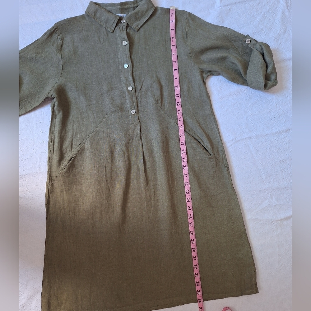 NWT ELENA BALDI LINEN Chic Olive Green Button-Up Midi Dress made Italy - Picture 4 of 8